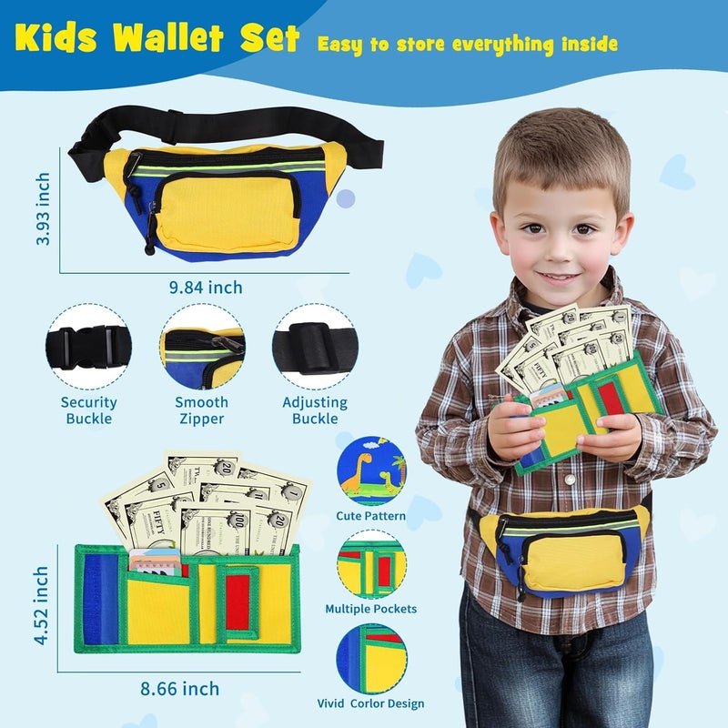 Learn2M Store محفظة لعب للأولاد الصغار من عمر 3-6 سنوات، لعبتي الأولى كحقيبة خصر، محفظة ديناصور، نظارات شمسية، هاتف ذكي، ساعة ذكية، مفاتيح سيارة، بطاقات حياة ونقود مزيفة - Image 4